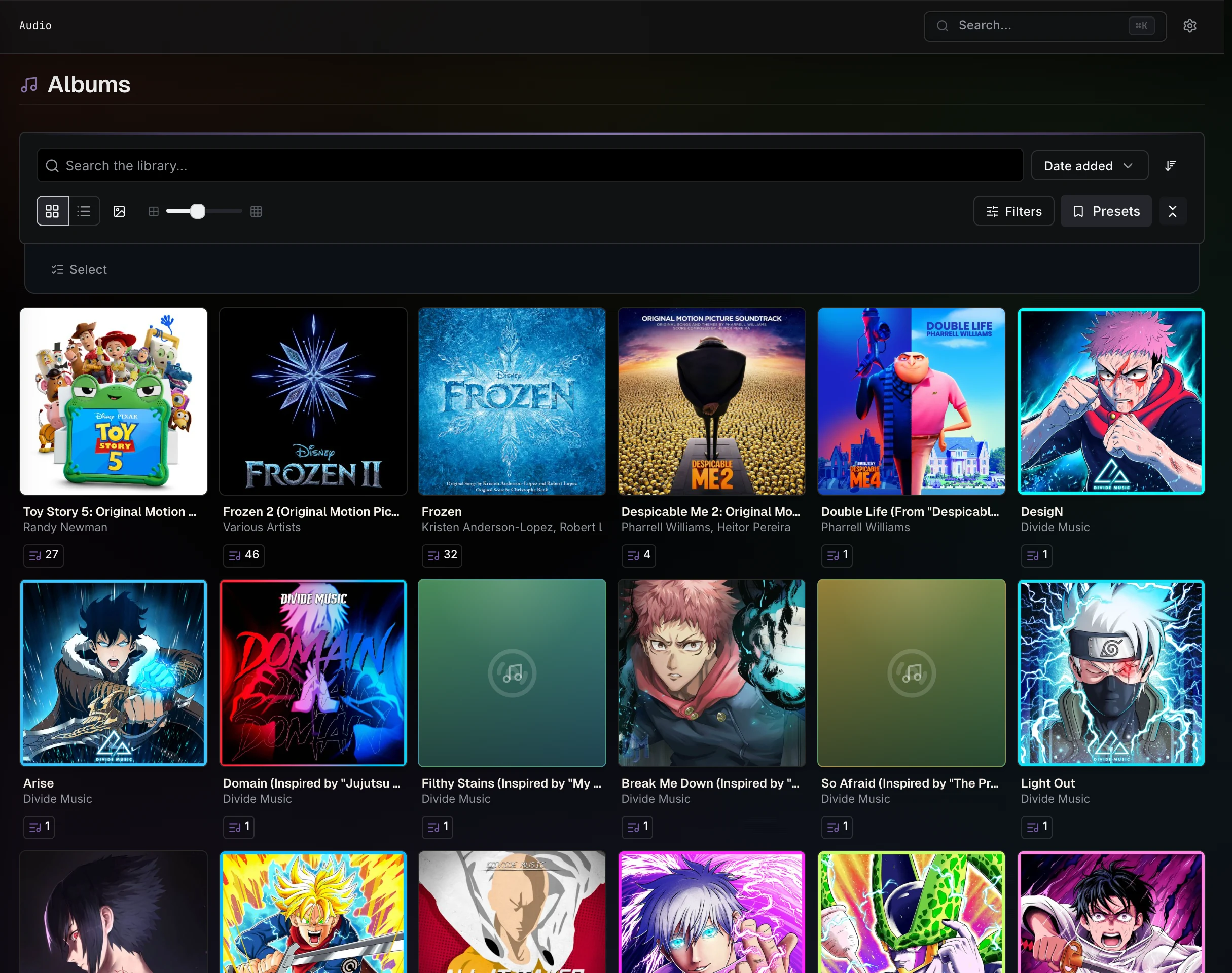 The Albums library with artwork and track counts.