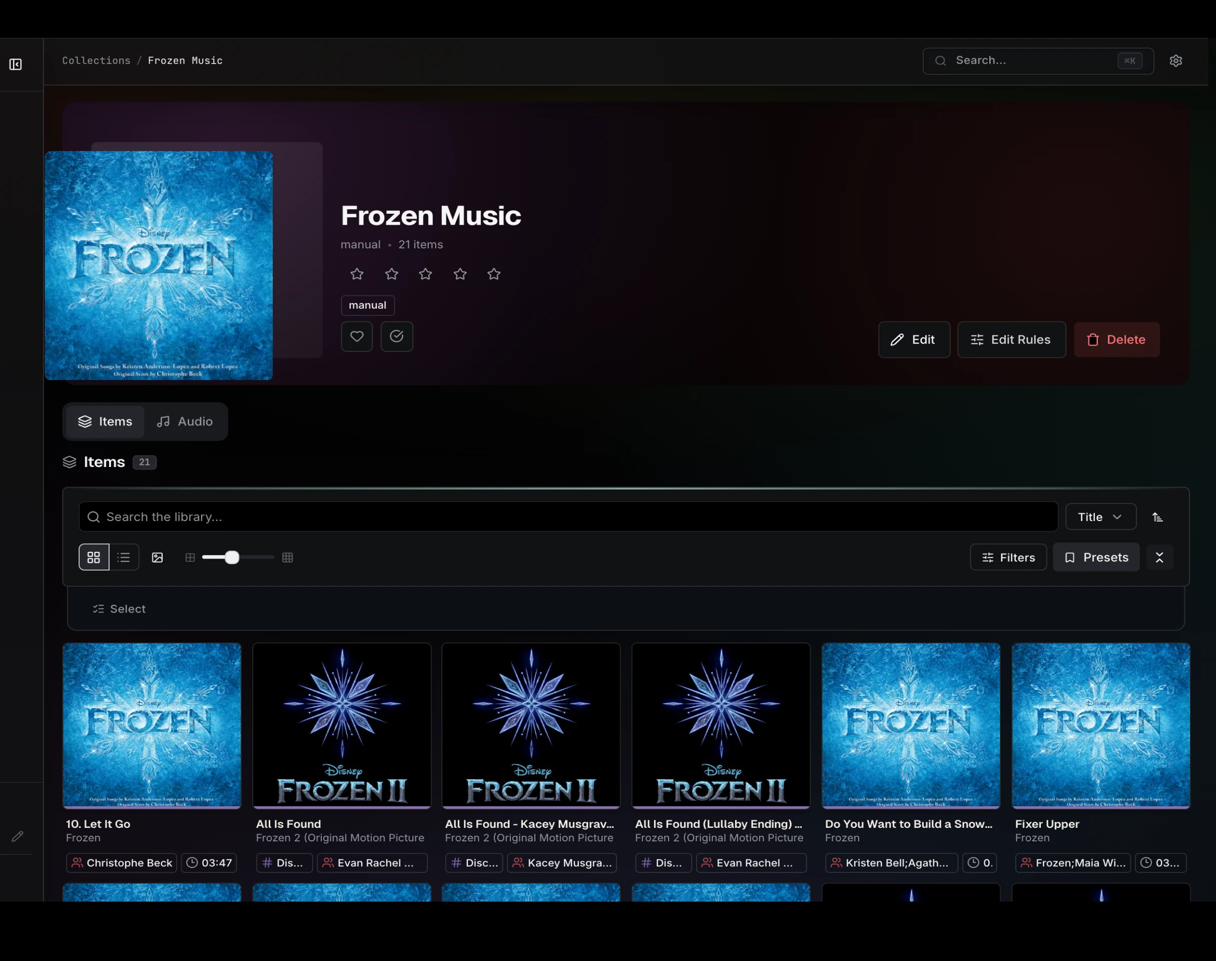 A collection detail page showing a curated set of music.