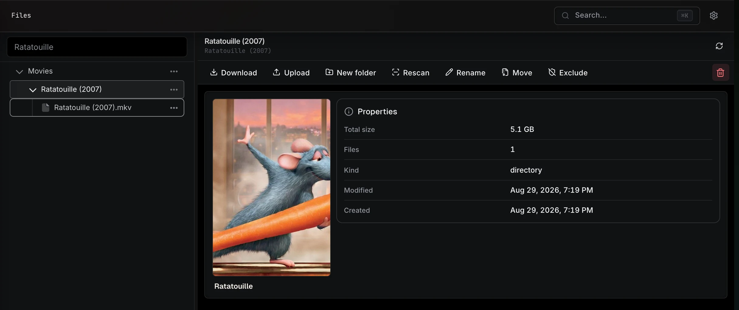 Files showing a filtered movie folder, its linked item, and folder properties.