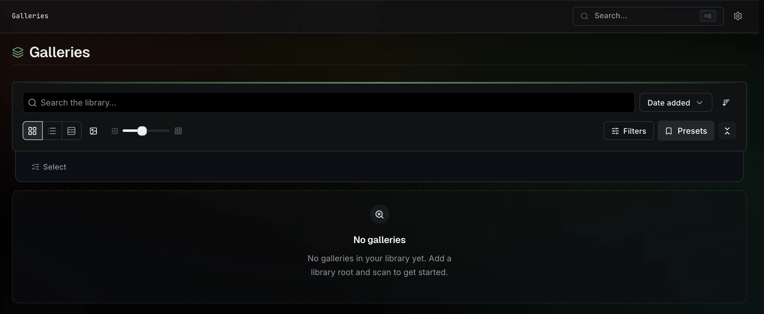 An empty Galleries library before scanning an image root.