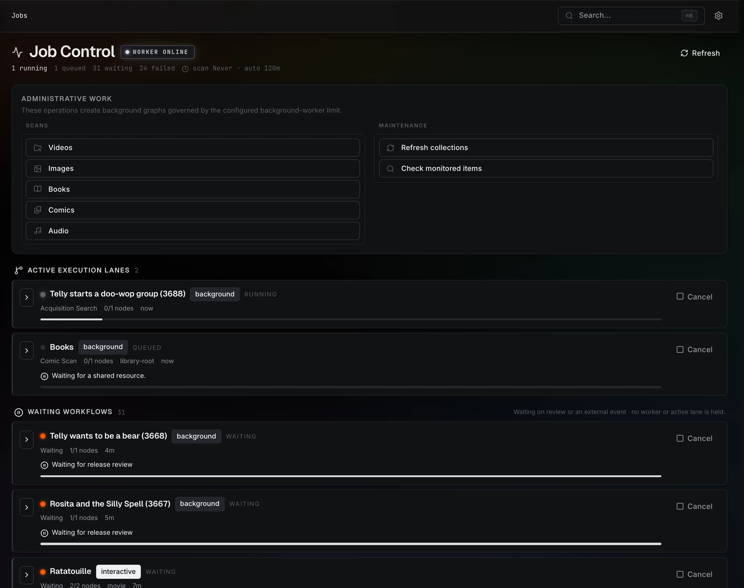 Job Control with worker status, active execution lanes, and workflows waiting for review.