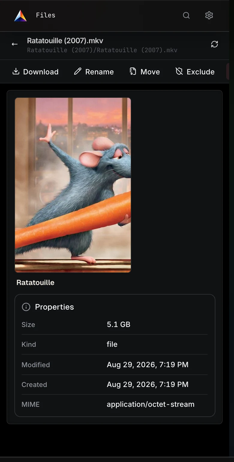 A movie file and its linked library item, file actions, and properties on a phone.