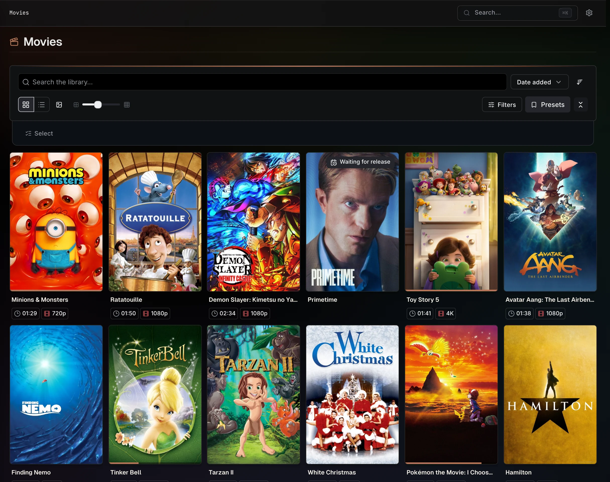 The Movies library with artwork, available files, and a wanted title.