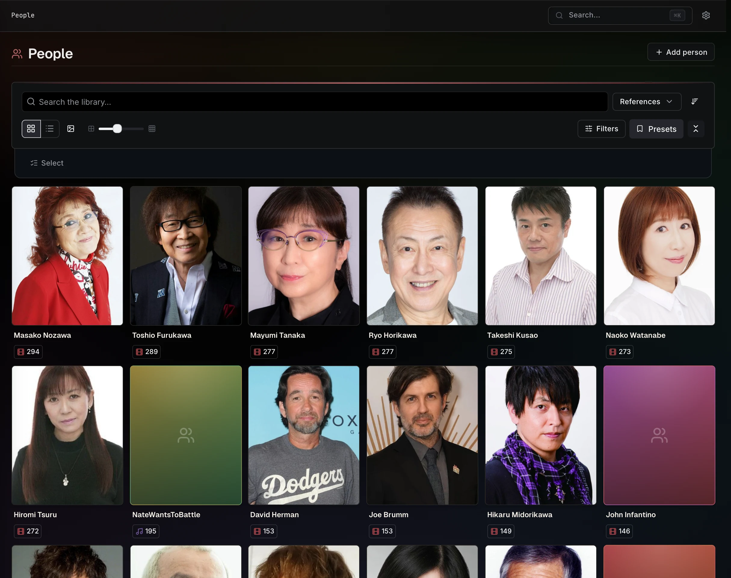 People in the library, with artwork and linked-media counts.