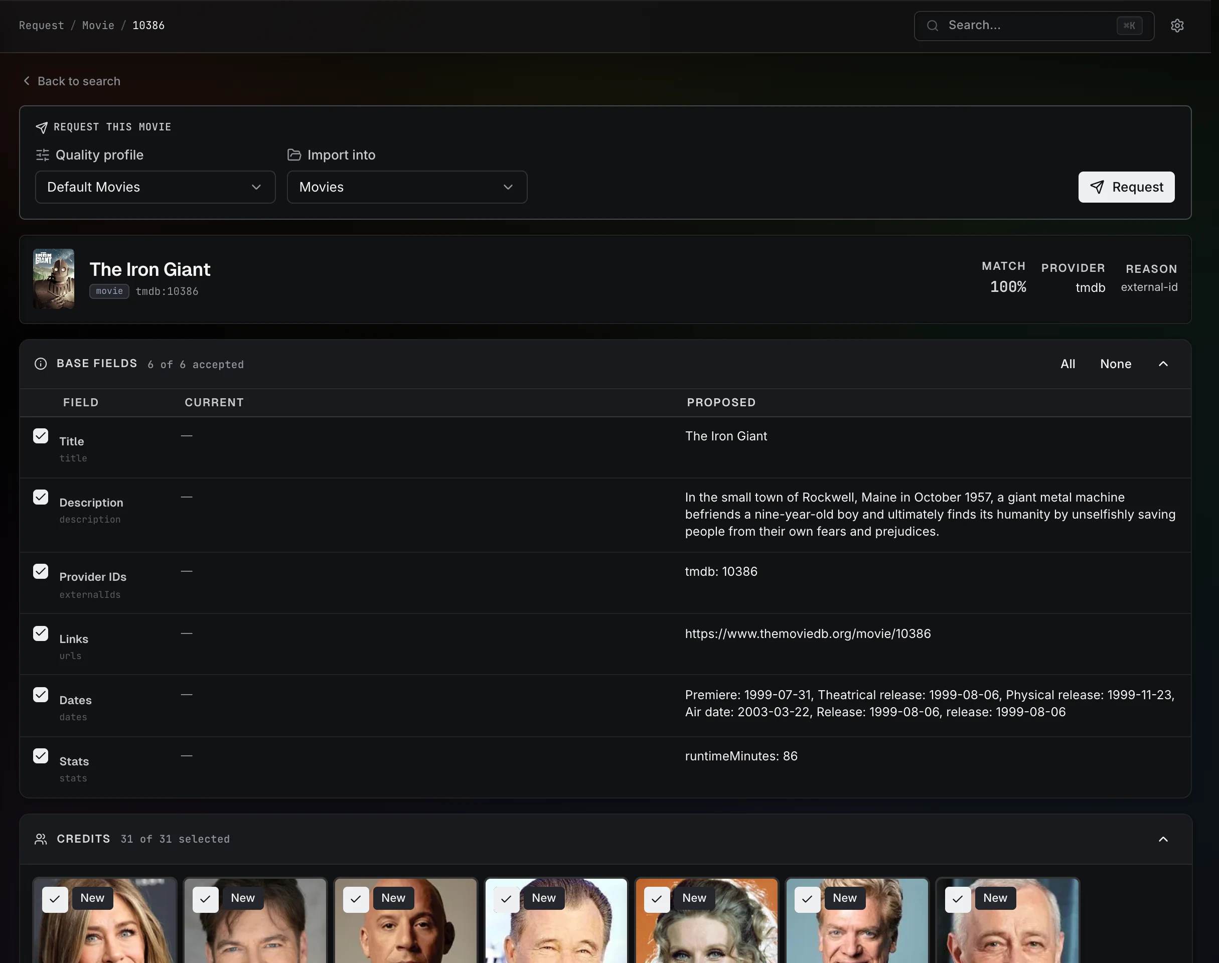 Request review with a quality profile, destination library, and proposed movie metadata.