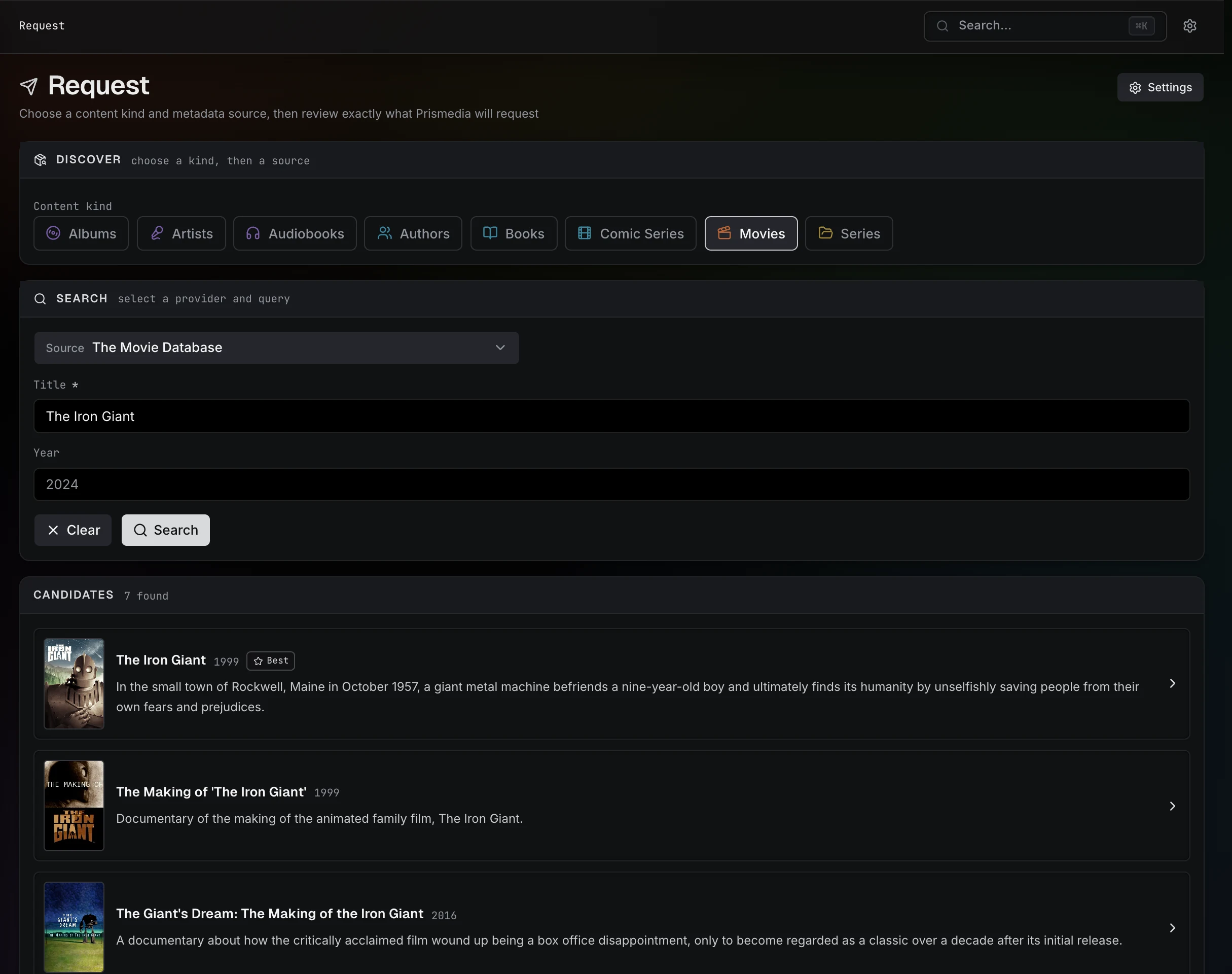 Movie search results in Request, with provider-specific title and year fields.