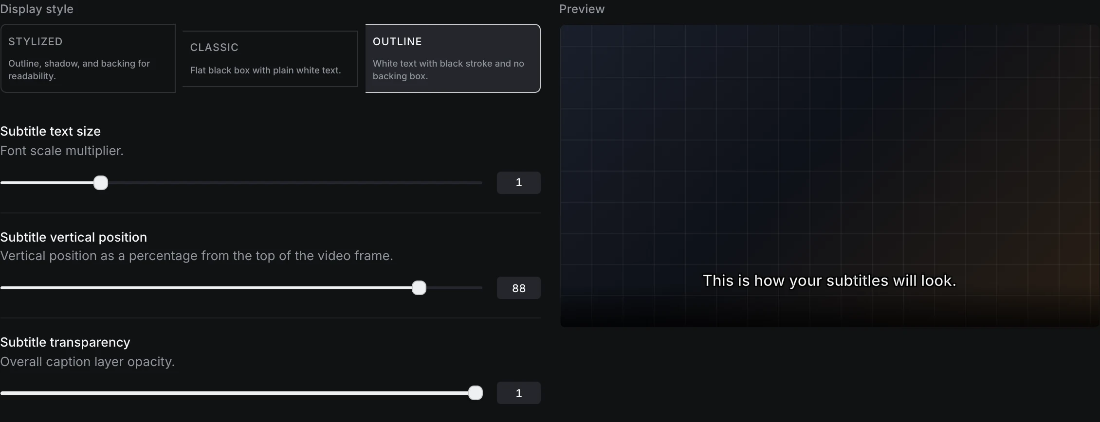 Subtitle style, size, position, and transparency controls beside a caption preview.