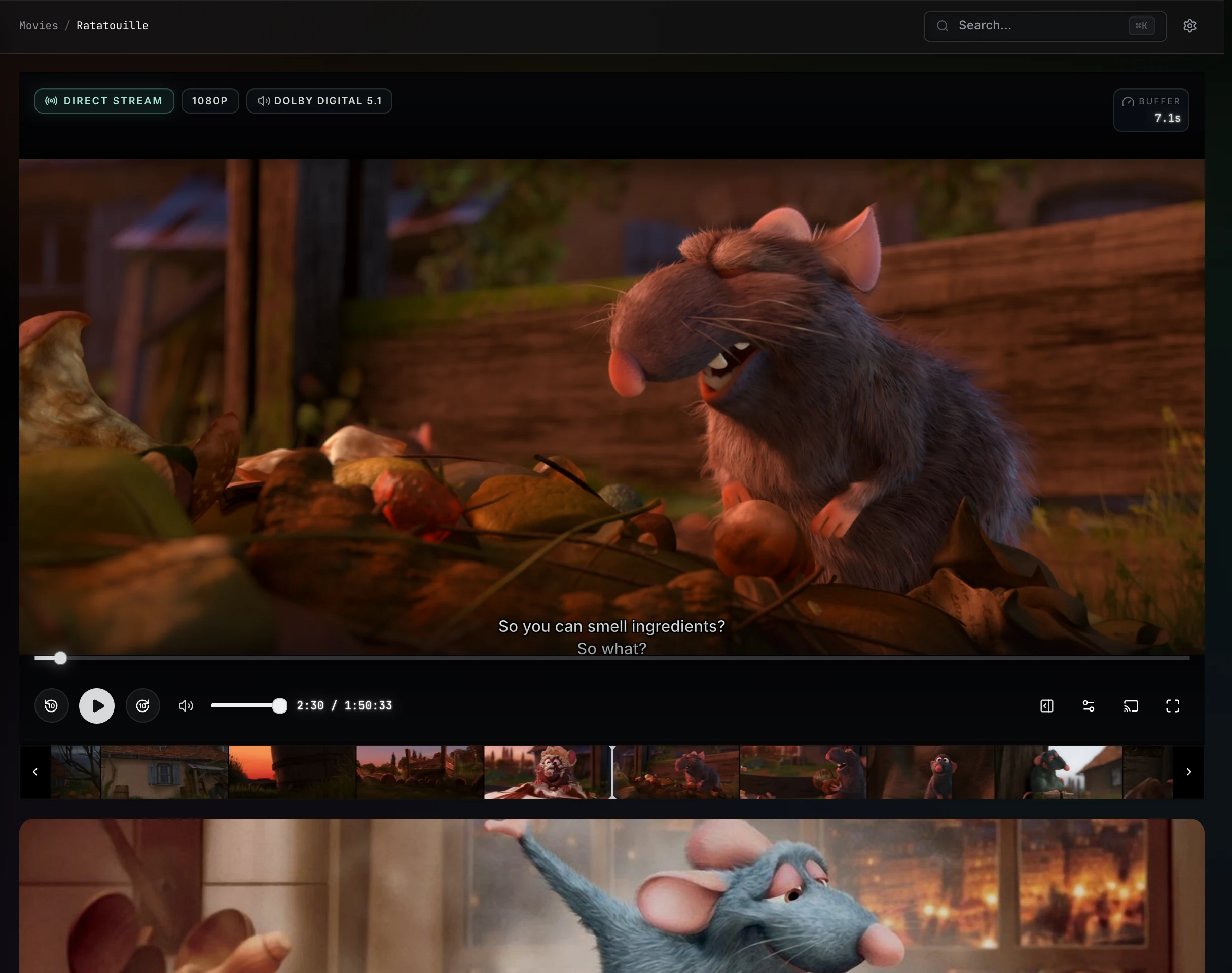 A video paused in the web player with seek, subtitle, and playback controls.