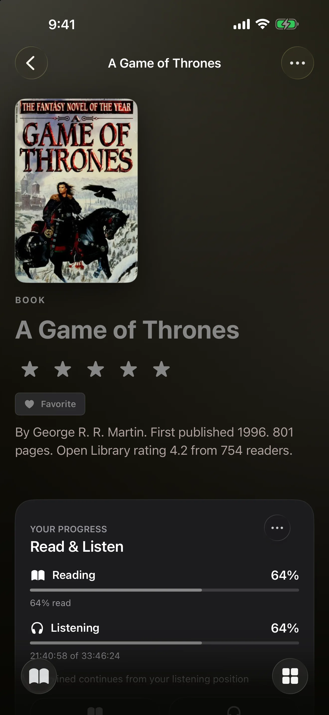 A Game of Thrones detail page showing combined reading and listening progress