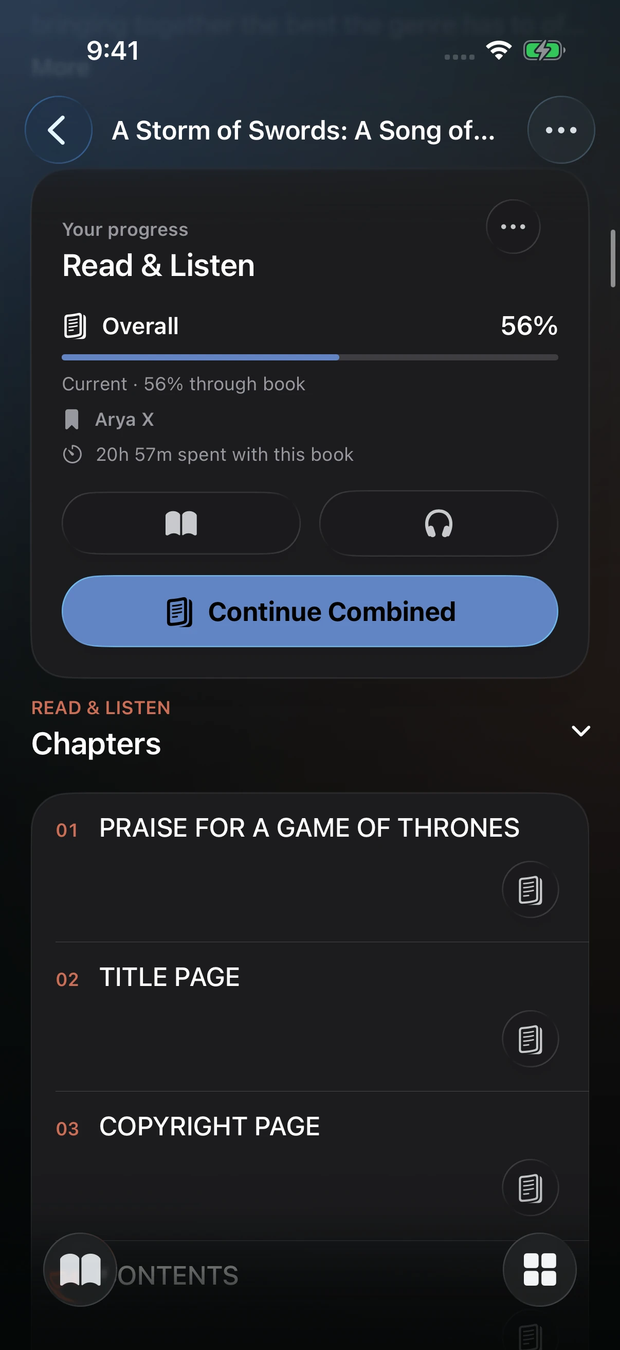A book with reading, listening, and combined progress in the native app