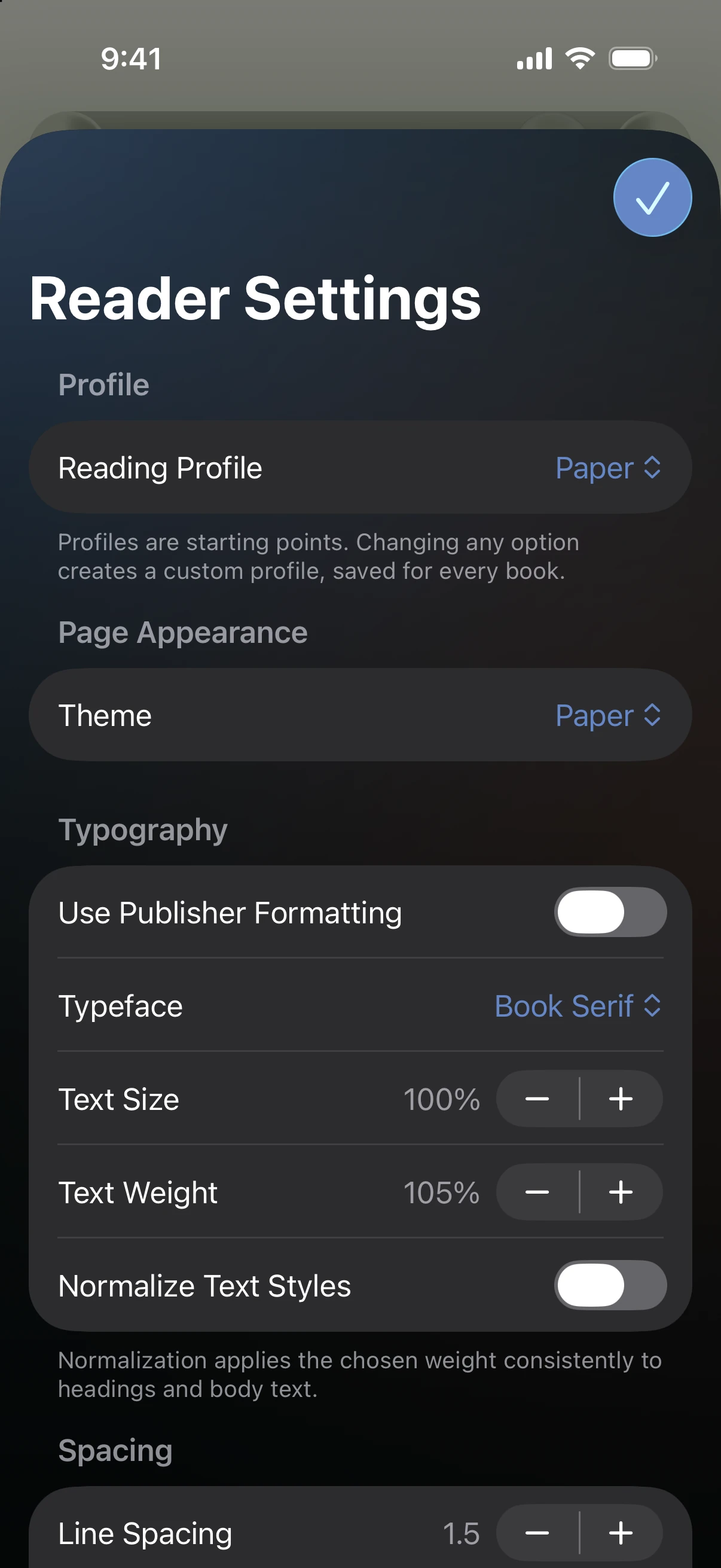The native reader settings for typography and page appearance