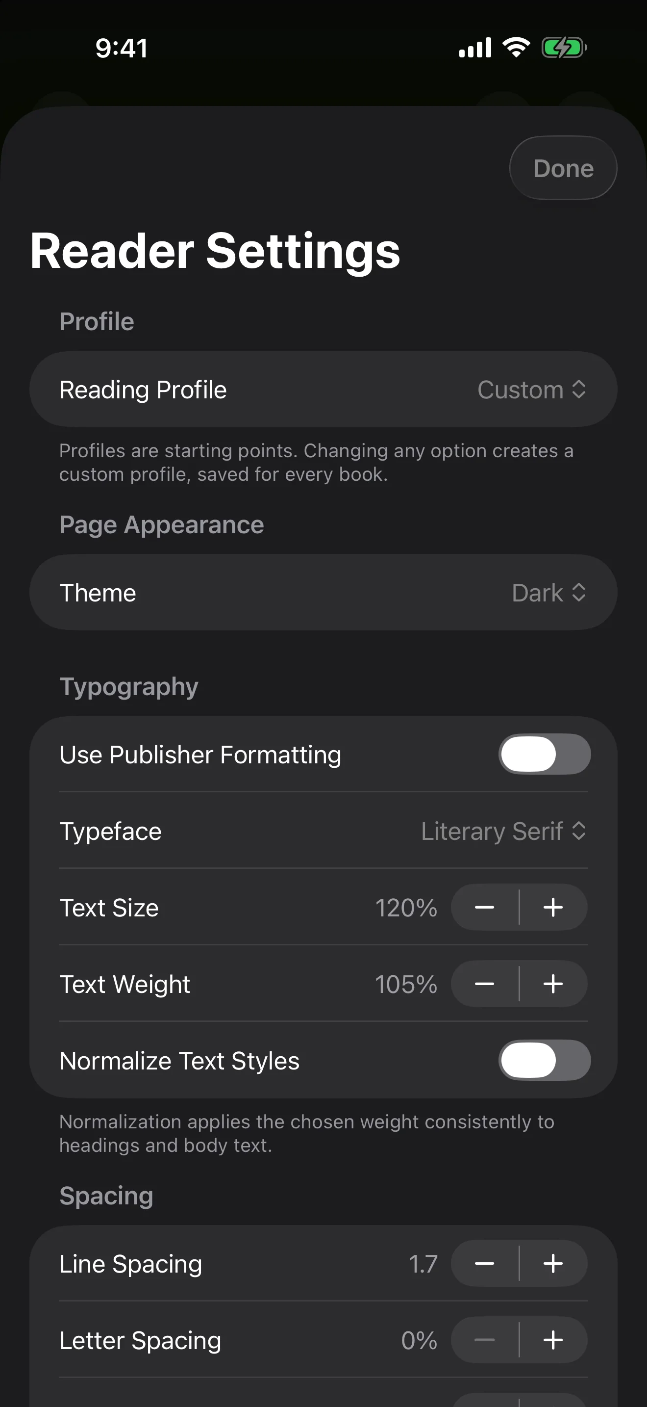 Prismedia reader settings showing dark theme, Literary Serif, text size, weight, and spacing