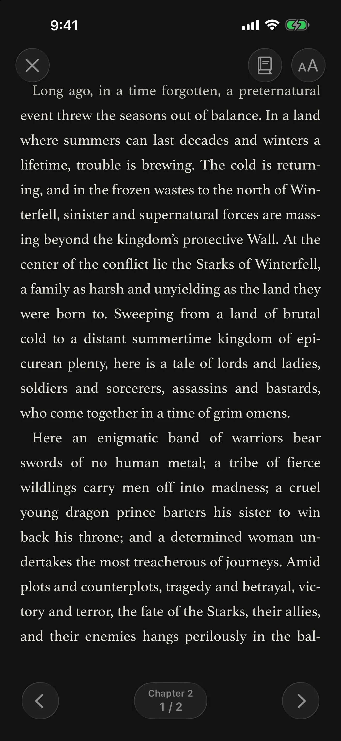 A Game of Thrones open in Prismedia's dark EPUB reader with Literary Serif