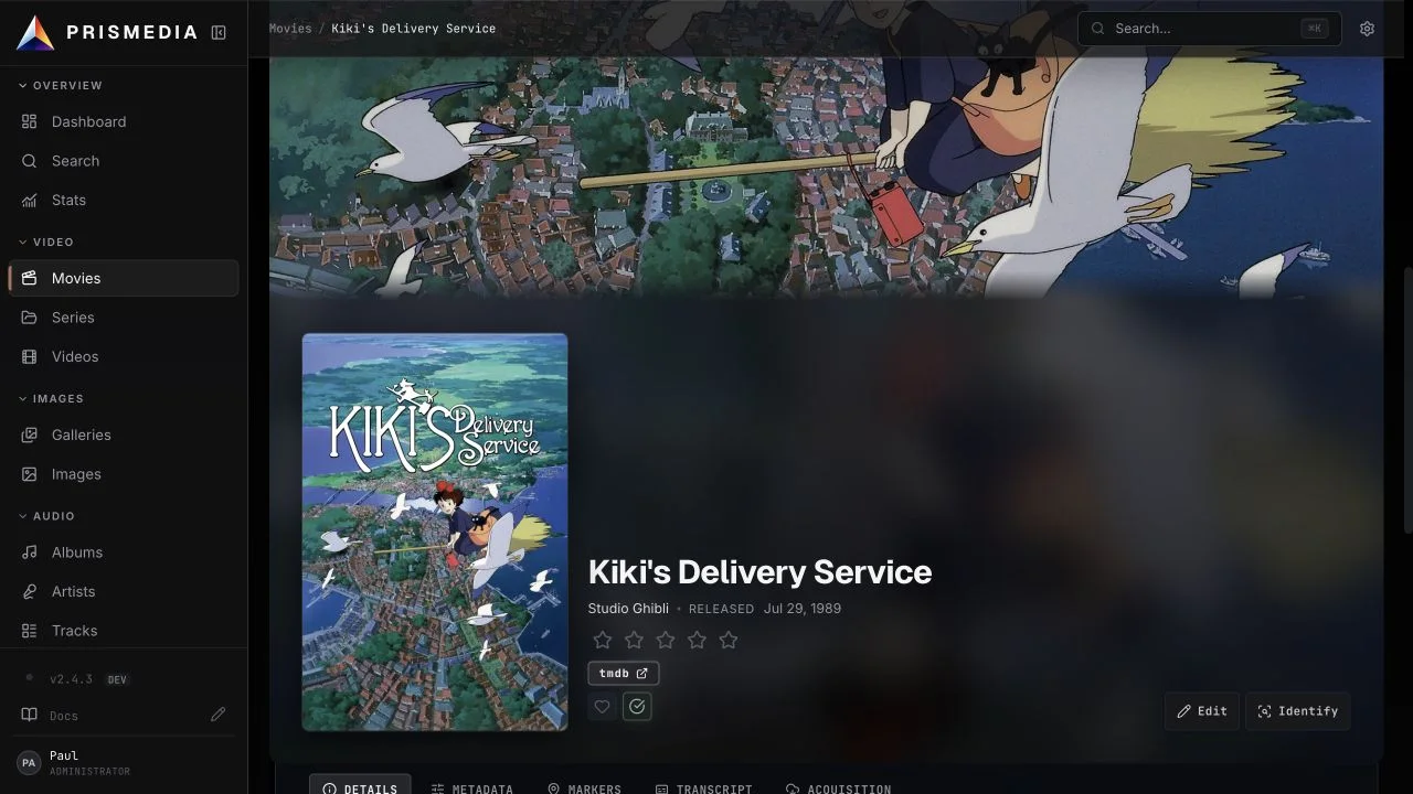 Prismedia movie detail page with artwork-reactive atmosphere