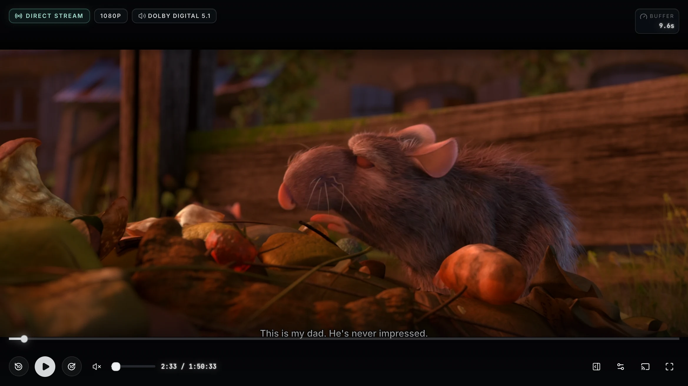A film paused in the Prismedia web player, with subtitles, seek controls, and playback settings