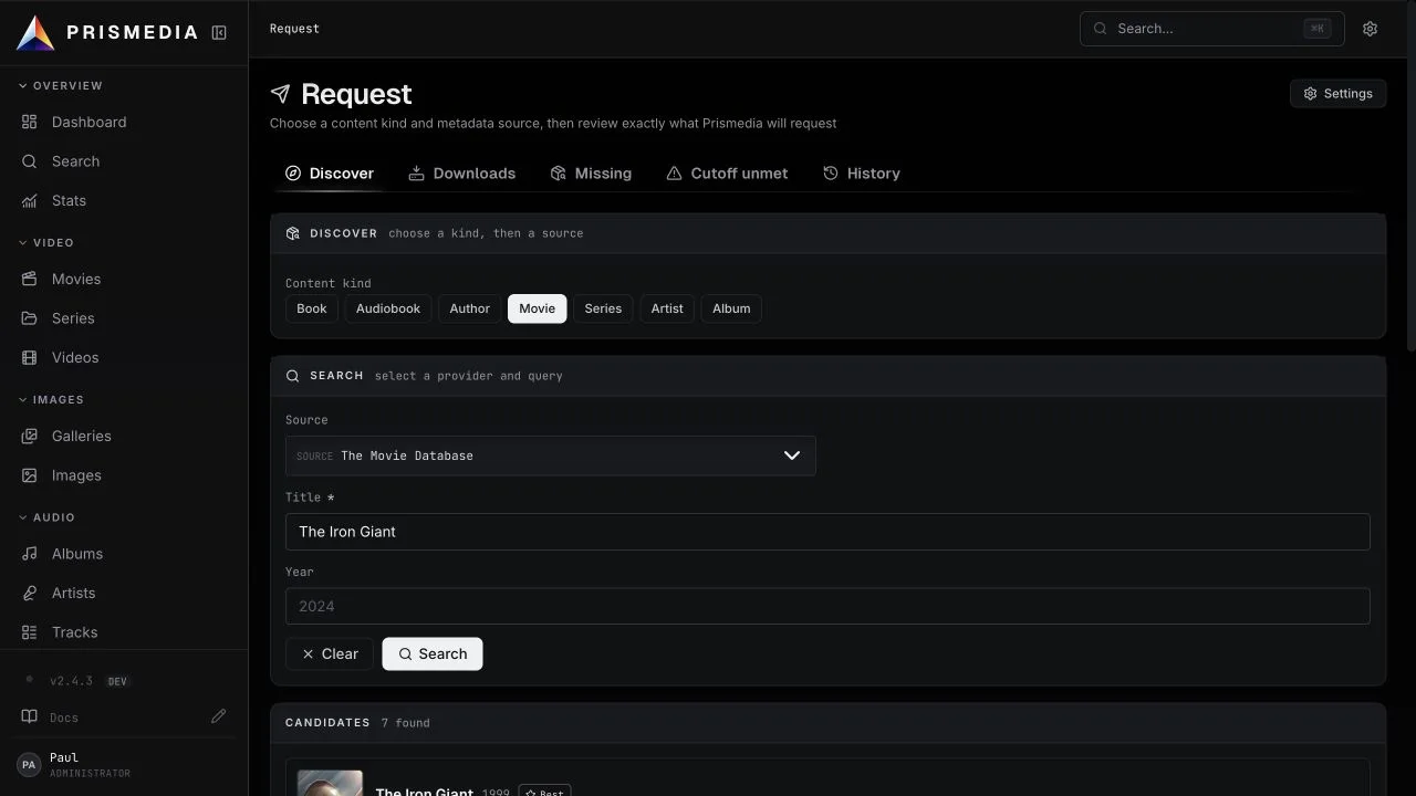 Prismedia Request showing a movie search and provider candidates