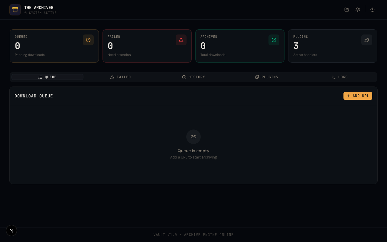 The Archiver Dashboard — real-time queue monitoring, stats, plugin management, and server console